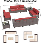 ALAULM 12 Pieces Outdoor Patio Furniture Set Sectional Sofa Sets Brown PE Rattan Patio Conversation Set w/10 Rose Red Seat Cushions and 2 Coffee Tables