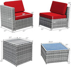 Tangkula 8 Pieces Wicker Patio Furniture Set with Storage Deck Box, PE Rattan Outdoor Sectional Sofa Conversation Set with Coffee Table & Cushions, Outside Furniture for Garden Yard Poolside (Red)