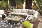 Signature Design by Ashley Beachcroft Outdoor Curved Corner Chair with Cushion, 2 Pillows, Performance Fabric, Resin Wicker, 18.5" Seat Height, Beige