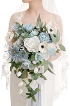 Artificial Flowers: Dusty Blue Cascade Bridal Bouquet, Silk with Pearls