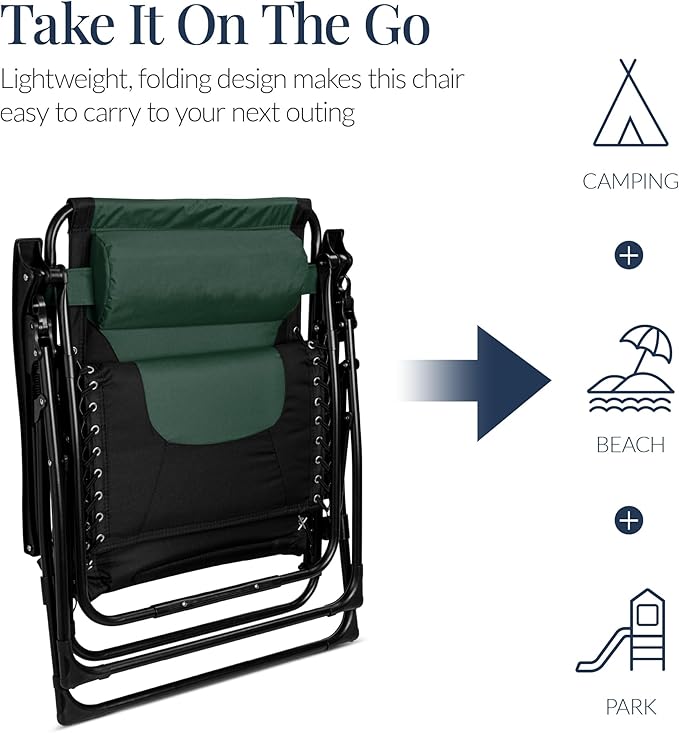 Best Choice Products Oversized Padded Zero Gravity Chair, Folding Outdoor Patio Recliner, XL Anti Gravity Lounger for Backyard w/Headrest, Cup Holder, Side Tray, Polyester Mesh - Forest Green