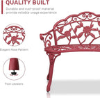 VINGLI 38.5" Patio Park Garden Outdoor Metal Rose Bench, 2-Person Cast Iron Cast Aluminium Frame Antique Finish Chair,Accented Lawn Front Porch Path Yard Decor Deck Furniture (Red, Rose)
