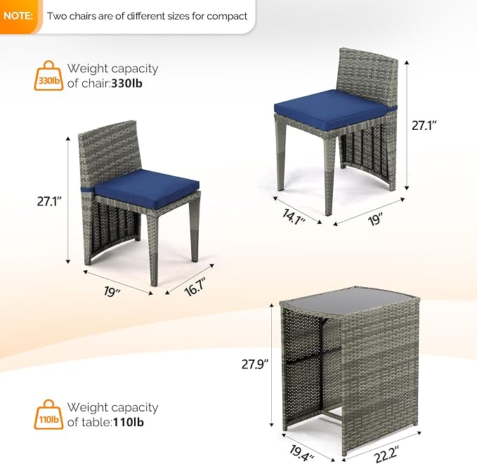 Bistro Set, 3-Piece Grey Wicker Patio Set with Glass-Top Table