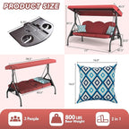 3 Seat Outdoor Porch Patio Swing with Stand 800lbs 2-in-1 Convertible Swing Bed with Adjustable Canopy & Removable Cushion for Yard Garden Deck (Wine Red, Round Tube)