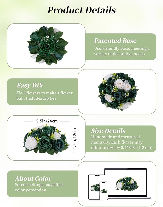 Artificial Flowers Silk Green Rose Ball Centerpieces for Tables