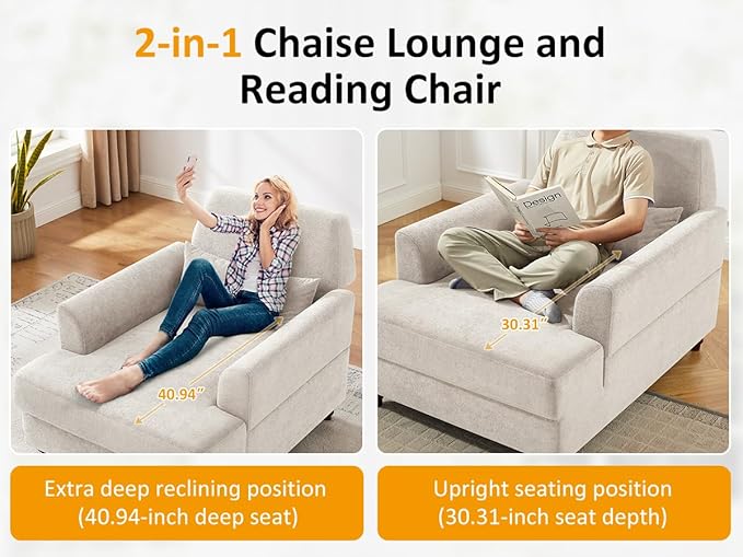VANOMi Chaise Lounge Accent Chair Indoor with Adjustable Backrest, Oversized Upholstered Deep Seat Reading Arm Chair, Comfy Cloud Fluffy Chaise Sofa Recliner, for Living Room, Movie, Bedroom