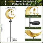 Lewondr 2Pcs Ramadan Solar Lights, Ramadan Decorations Outdoor, Metal Yard Signs LED Eid Decorations Mubarak Star Moon Lantern, Waterproof Solar Garden Stakes Lights for Walkway Lawn Patio