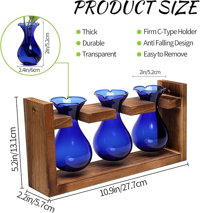 Terrarium Propagation Station, 3 Blue Borosilicate Glass Bulbs, Wooden Stand