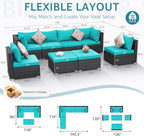 NICESOUL 8 People Outdoor Seating Furniture, 29.3'' High Back Comfortable Wicker Patio Sectional Sofas with Ottoman, Deep Seats Oversized Conversations for Exteriors, 2 Color Cushion Turquoise & Gray