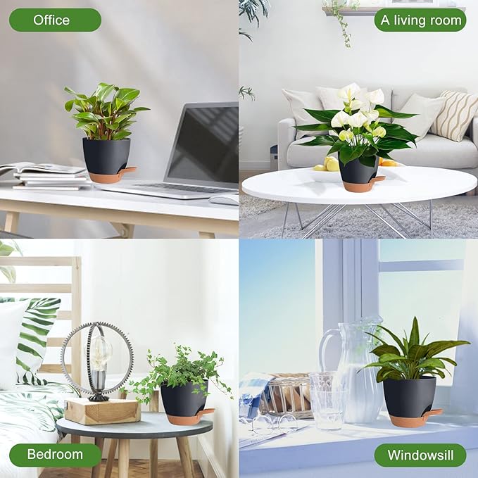 Plant Pots Pack of 5, 7/6.5/6/5.5/5 Inch Self Watering Planters with Drainage Hole Planter for Indoor Plants, Planting Pots for African Violet, Ochid and House Plants (Black)