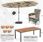Tangkula 10 Pieces Patio Wicker Dining Set w/Double-Sided Patio Umbrella, Outdoor Acacia Wood Furniture Set w/ 8 Armchairs, 71” Dining Table & 15 ft Umbrella with Weighted Base (Beige)
