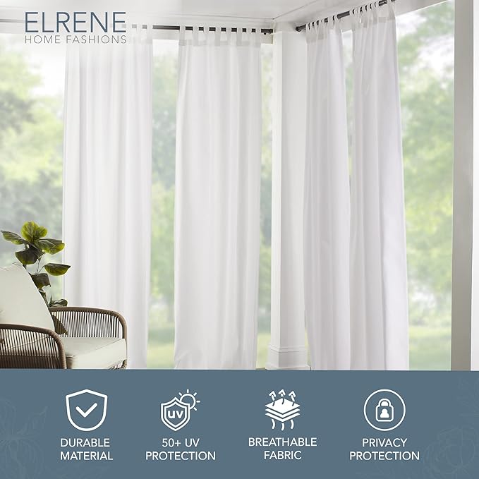 Elrene Home Fashions Matine Weatherproof Tab-Top Indoor/Outdoor Solid Color Curtain Panel for Porch, Pergola, Patio, Deck, 52”W x 84”L, White