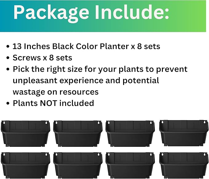 Maxona Black Color Vertical Garden Planter - 8 Pack, 13 inch Wall Mounted Planter for Patio Outdoor Decor, Home Plastic Pot Balcony Plant Vegetable Fruit Herb Hanging Pocket Holder Flowerpot