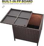 Outdoor Wicker Storage Side Table, Patio Brown PE Rattan End Table with Storage, Square Container for Furniture Covers, Toys, and Gardening Tools