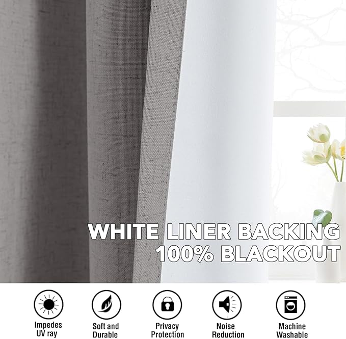 H.VERSAILTEX Linen Curtains 100% Blackout Curtains for Bedroom 108 inch Long Full Light Blocking Nature Linen Blended Window Curtains for Living Room Nickel Grommet (2 Panels, Heathered Dove)