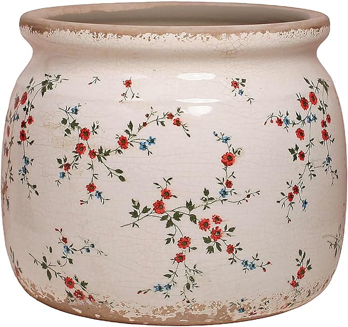 Cottagecore Ceramic Plant Pots, 6.29in French Country Floral Vase & Planters Indoor with Drainage, Distressed Cottage Farmhouse Home Decor for Balcony Bookshelf Table Centerpieces, Gifts for Grandma