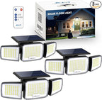 Solar Security Light Outdoor Super Bright LED, Motion Sensor Flood Light, 3 Heads 270° Wide Angle,Remote Control, IP65 Waterproof, 3 Modes (3 Packs)