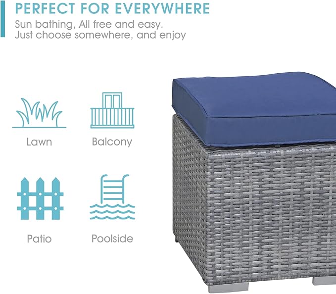 Patiorama 2 Pieces Assembled Outdoor Patio Ottoman, Indoor Outdoor All-Weather Grey Wicker Rattan Outdoor Footstool Footrest Seat w/Navy Blue Cushions,Outdoor Ottoman for Patio,No Assembly Required