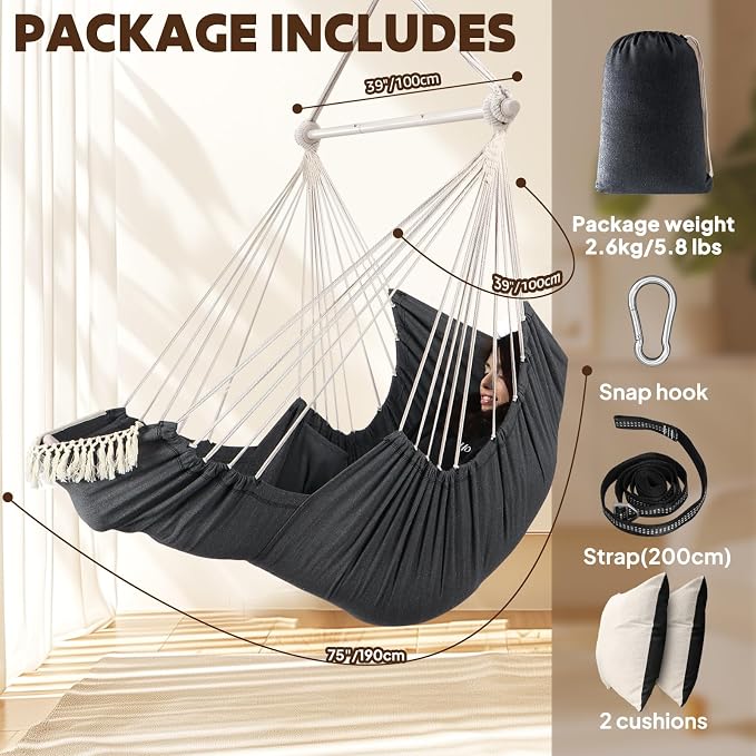 Hammock Chair in Dark Grey Cotton with Foot Rest and 2 Cushions