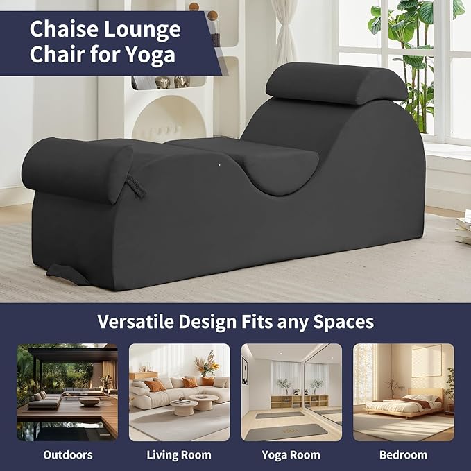 ijuicy Sleek Chaise Lounge Chair for Exercise, Indoor Lounger with Headrest, Waist Cushion, Movable Footrest, Side Pockets, Non-Slip Bottom, High Density Sponge, Dark Grey