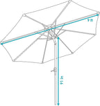 Sunnydaze Outdoor Patio Umbrella - Polyester Table Market Umbrella with Push-Button Tilt and Crank - 8 Sturdy Ribs - Awning Stripe - 9ft