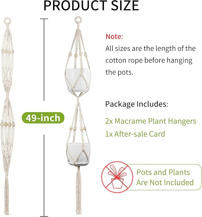 Macrame Plant Hanger - Fits 4 to 8 inches Pots for Indoor Outdoor, 49 Inch, Set of 2, Ivory (POTS NOT Included)