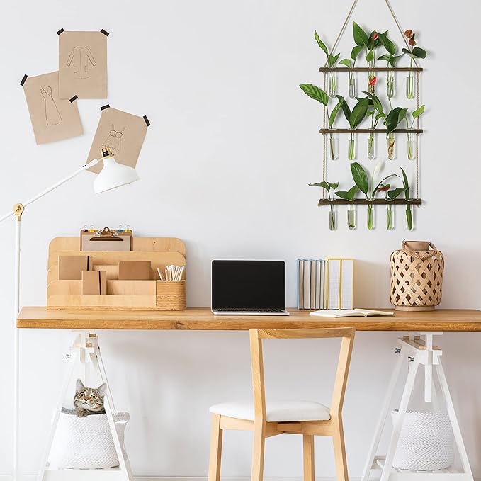 Terrarium Wall Hanging Propagation Station, 3-Tier Wood Frame, Glass Tubes