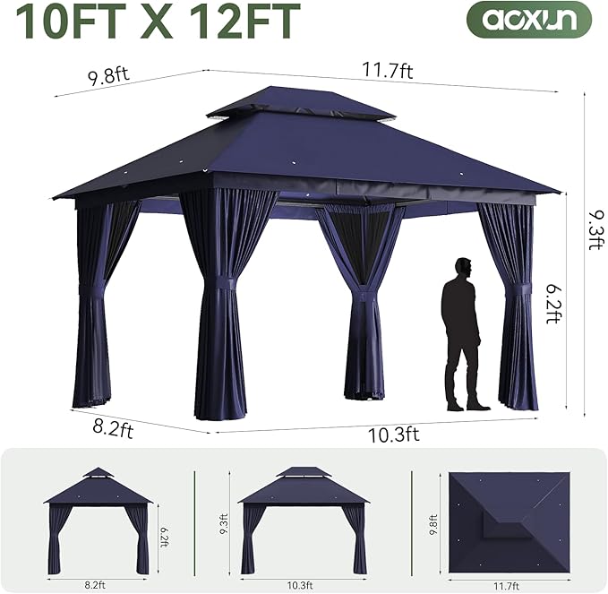 AOXUN Outdoor Gazebo for Patio 10x12 Metal Frame Canopy with Double Roofs Heavy Duty Party Tent and Shelter with Mosquito Netting and Privacy Screen for Backyard, Lawn, Garden, Deck (Navy Blue)