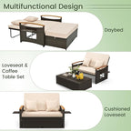 Tangkula Patio Rattan Daybed with 4-Level Adjustable Backrest, Outdoor Wicker Loveseat with Acacia Wood Armrest, Storage Ottoman & Folding Tray, Double Sunbed Lounger for Balcony, Backyard & Poolside