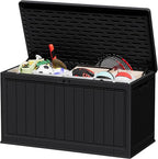 JUMMICO 160 Gallon Resin Outdoor Storage Deck Box with Divider, Waterproof Storage Box&Bench with Lockable Lid for Garden Tools, Pools Supplies (Black)