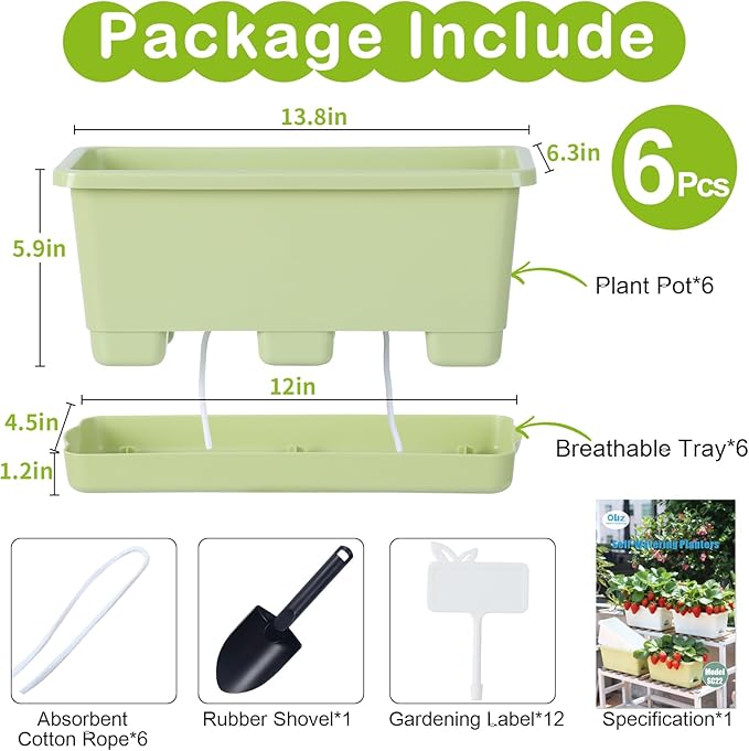 Window Box Planter 6 Packs, 13.8 Inches Rectangle Flower Pots with Drainage Holes & Trays, Pots for Vegetables, Herbs, Flowers, Garden Windowsill Balcony (Green)