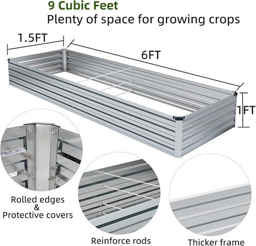 2 Pack 6x1.5x1FT Galvanized Raised Garden Bed Kit, Outdoor Metal Planter Box for Vegetables, Bottomless Rectangular Gardening Bed with Support Rods, Tool-Free Assembly, Silver