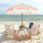 AMMSUN Boho Fringe Umbrella Outdoor Patio, 6.5ft UPF50+ Picnic Umbrella with Tassels with Steel Pole and Push Button Tilt, Pink Stripe
