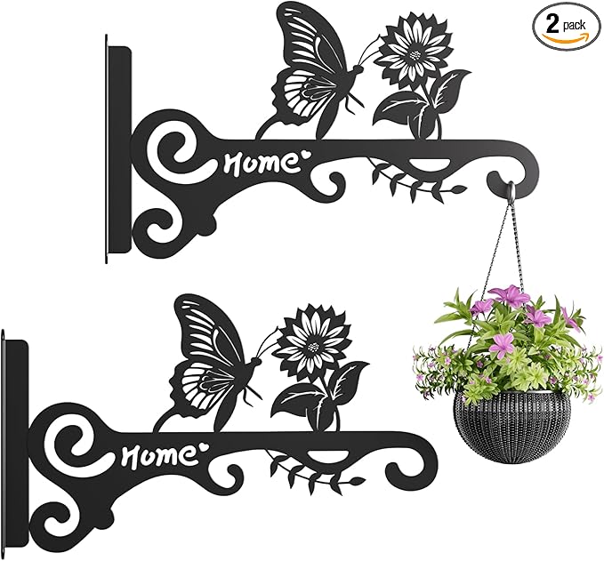 Metal Plant Hooks (2-Pack) - Decorative Wall Hangers with Butterfly Design for Indoor & Outdoor Use - Hanging Brackets for Plants, Flower Baskets, Bird Feeders, Lanterns - Patio, Garden, Home Decor