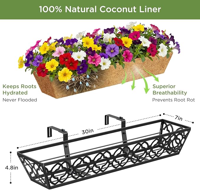 Y&M 30 inch Window Planter Box 2Pcs Iron Window Deck Railing Planter with Coco Liner, Metal Horse Troughs Fence Planter for Outdoor Balcony Rail Fence Porch Patio