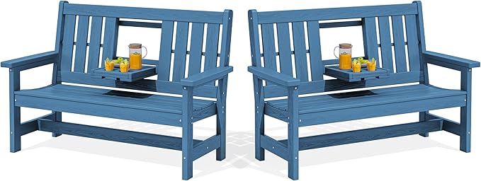SERWALL Outdoor Bench with Cup Holder, 58" HDPE Garden Park Bench Suitable for 3 Person, All Weather Patio Benches with High Backrest and Wide Armrests for Garden, Park, Yard, Front Porch, Navy