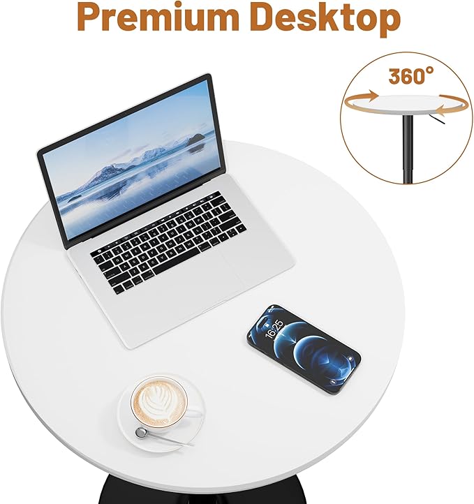 Flamaker Round Bistro Pub Table 23.6 Inch Height Adjustable 360° Swivel Bar Table Metal Base for Pub, Dining Room, Party (1, White-Black)
