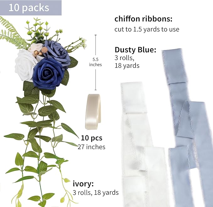 Artificial Wedding Pew Flowers, Blue Roses with Chiffon Ribbon, Set of 10