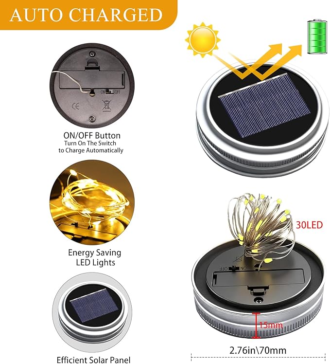 String Lights, 12 Pack Solar Mason Jar Lights in Warm White for Outdoor Use
