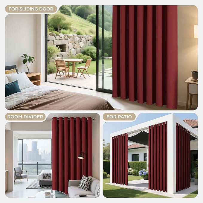 Blackout Patio Sliding Door Curtains – Burgundy Red, 100Wx90L