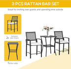 Outsunny 3pcs Patio Bar Set with Soft Cushion, Rattan Wicker Outdoor Furniture Set for Backyards, Lawn, Deck, Poolside