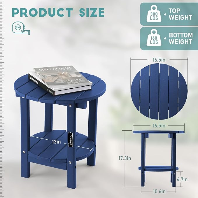 Outdoor Side Tables Set of 2, Navy Blue 2-Tier HDPE End Tables