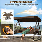 3 in 1 Outdoor Porch Swing with Adjustable Canopy, 3 Seat Outdoor Swing for Adults, Patio Swing Chair with Thickened Cushions,Pillows & Cup Holders for Backyard, Porch, Garden (Brown)