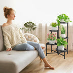 iDavosic.ly 5 Tier Large Plant Stand Indoor with 10 Inch Wide Tray, Tiered Corner Metal Outdoor Flower Display Holder Shelf, Folding Tall Rack for Patio Porch Living Room, Modern Black