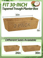 30in Tapered Coco Liners for Window Planter Box - 2 Pack 100% Natural Coconut Coir Fiber Liner Replacement for Deck Flower Box, Garden Railing Fence Wall Planter Basket