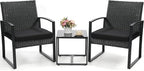 3 Piece Wicker Patio Bistro Set, Rattan Conversation Set with Coffee Table, for Balcony, Porch, Garden, Yard, Poolside, Black Frame with Black Cushion
