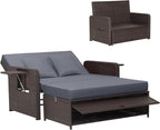 HAPPYGRILL Patio Rattan Wicker Daybed with Loveseat & Storage Ottoman, Outdoor Lounge Sofa Furniture Set with Adjustable Backrest & Side Trays, for Poolside Deck Porch Lawn (Mix Brown & Grey)