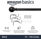 Amazon Basics Sturdy Adjustable Curtain Rod for Windows with Round Finials, 1-Inch, 72" to 144", Black, 1-Pack