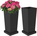 Tall Outdoor Planters Set of 2, 26 inch Tall Planters for Outdoor and Indoor, Metal Tapered Pots with Drainage Holes & Insert Shelves & Trays for Porch, Garden, Patio, Yard