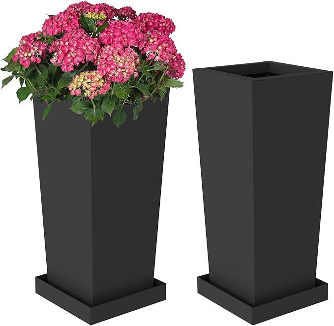 Tall Outdoor Planters Set of 2, 26 inch Tall Planters for Outdoor and Indoor, Metal Tapered Pots with Drainage Holes & Insert Shelves & Trays for Porch, Garden, Patio, Yard